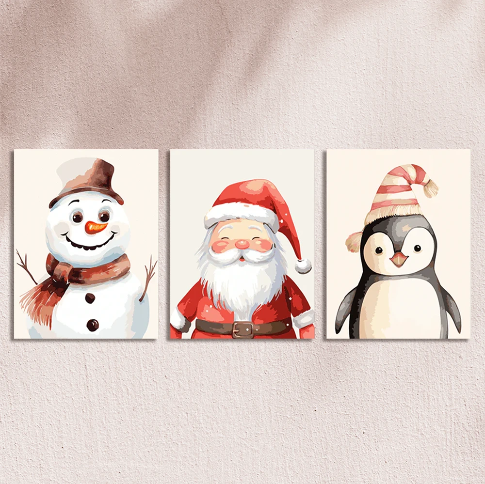 Watercolor painting of Santa, snowman, and penguin in festive hats