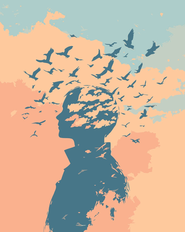 Mind Flight Paint by Numbers Kit featuring a silhouette dissolving into birds soaring through soft pastel skies.