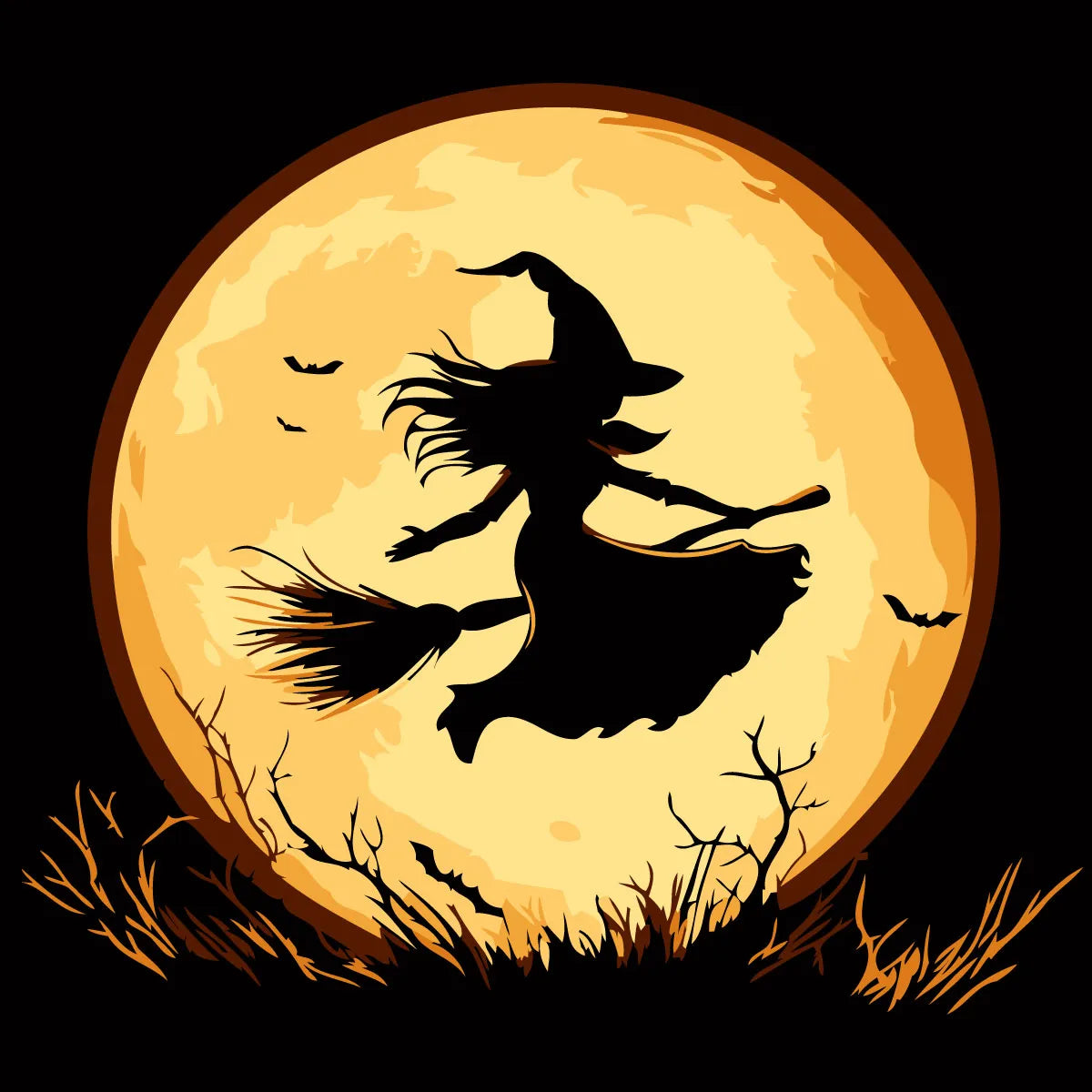 Silhouette of a witch flying on a broomstick against full moon