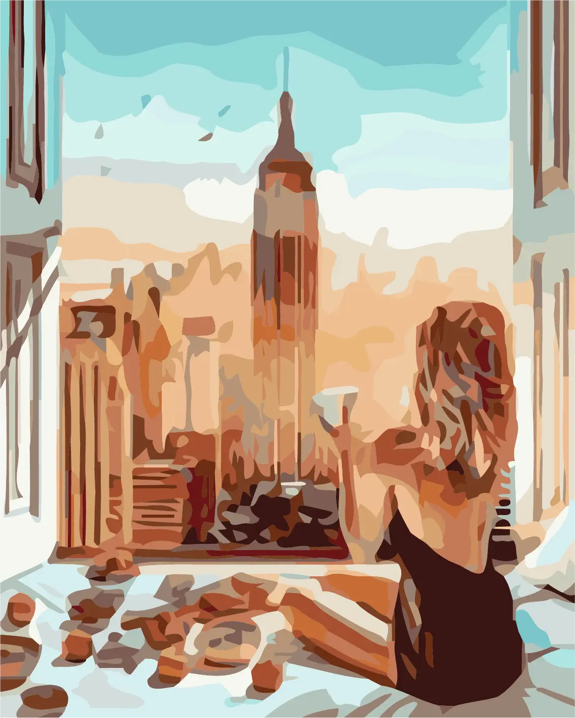 Woman enjoying coffee in bed with Empire State Building view