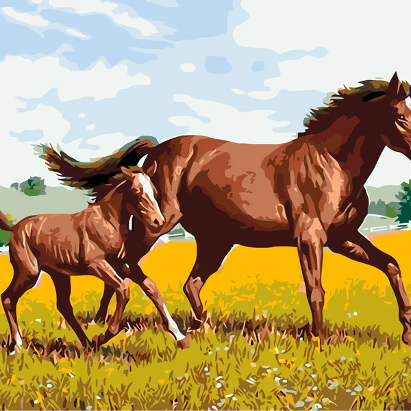 Mother horse and foal running through a sunny meadow