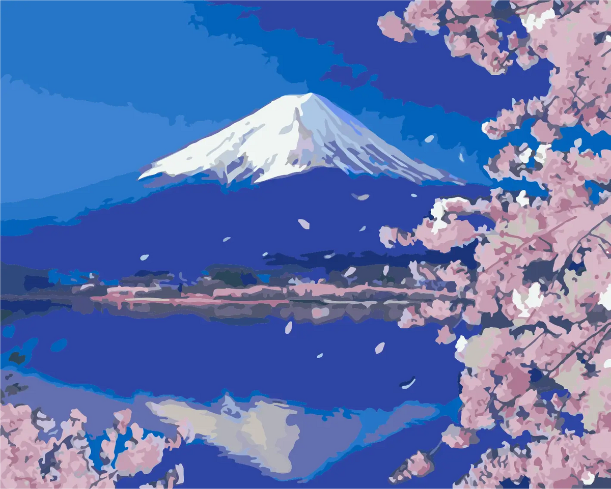 Snow-capped Mount Fuji with cherry blossoms and serene lake reflection