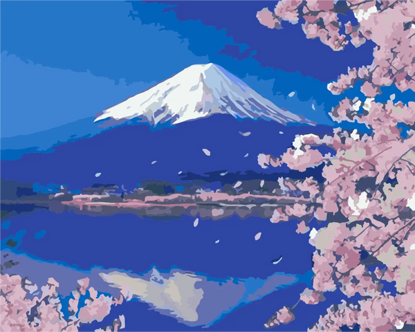 Snow-capped Mount Fuji with cherry blossoms and serene lake reflection