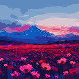 Colorful field of vibrant pink flowers with a mountain backdrop
