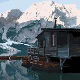 Rustic cabin by a mountain lake with wooden boats