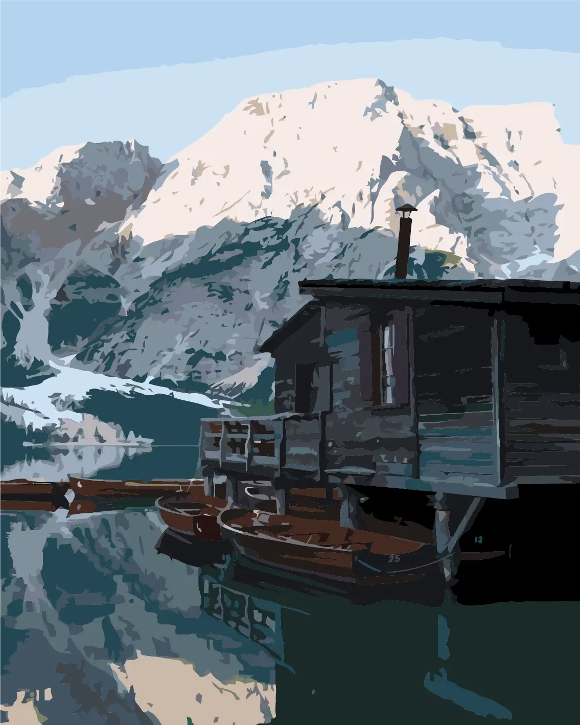 Rustic cabin by a mountain lake with wooden boats