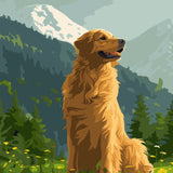 Golden retriever sitting in a mountain meadow with wildflowers