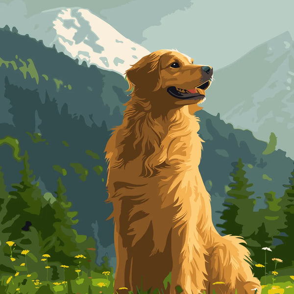 Golden retriever sitting in a mountain meadow with wildflowers