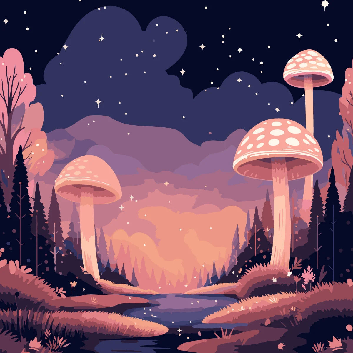 Fantasy landscape with giant glowing mushrooms and a starry night sky
