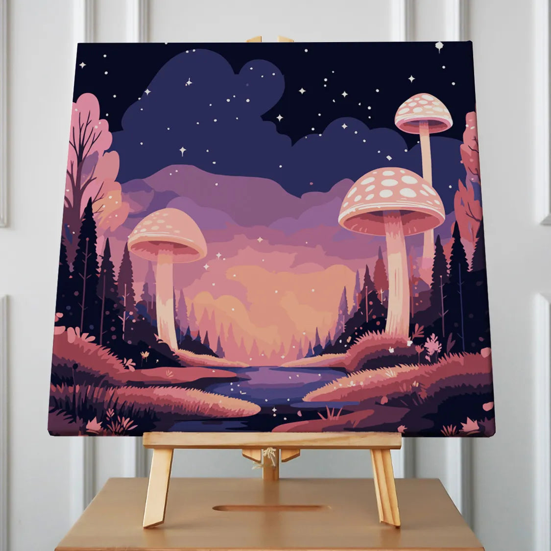 Fantasy landscape with giant glowing mushrooms and a starry night sky
