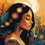 Portrait of a serene woman with floral hair in warm tones
