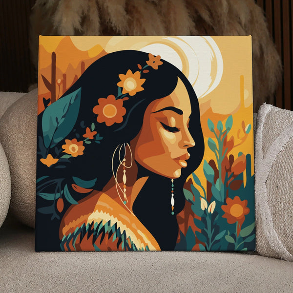 Portrait of a serene woman with floral hair in warm tones