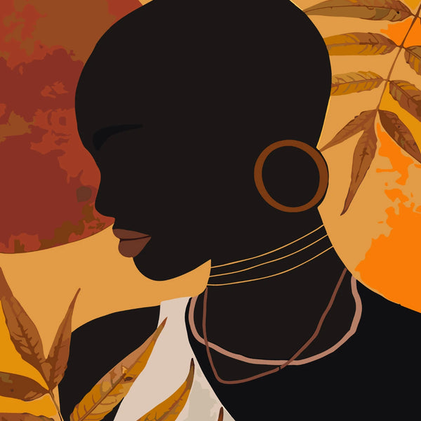 Minimalist portrait of a woman with bold jewelry and warm tones