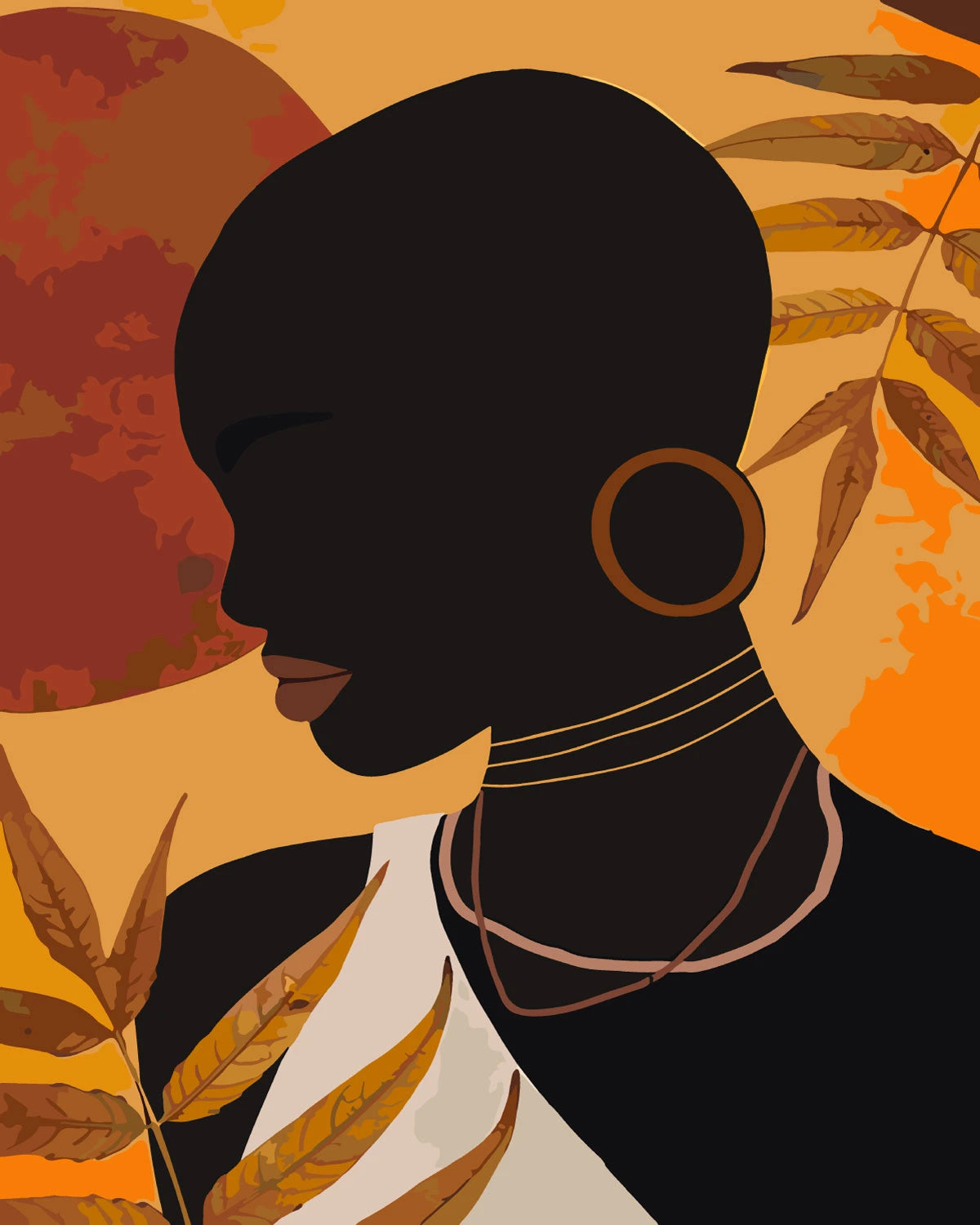 Minimalist portrait of a woman with bold jewelry and warm tones