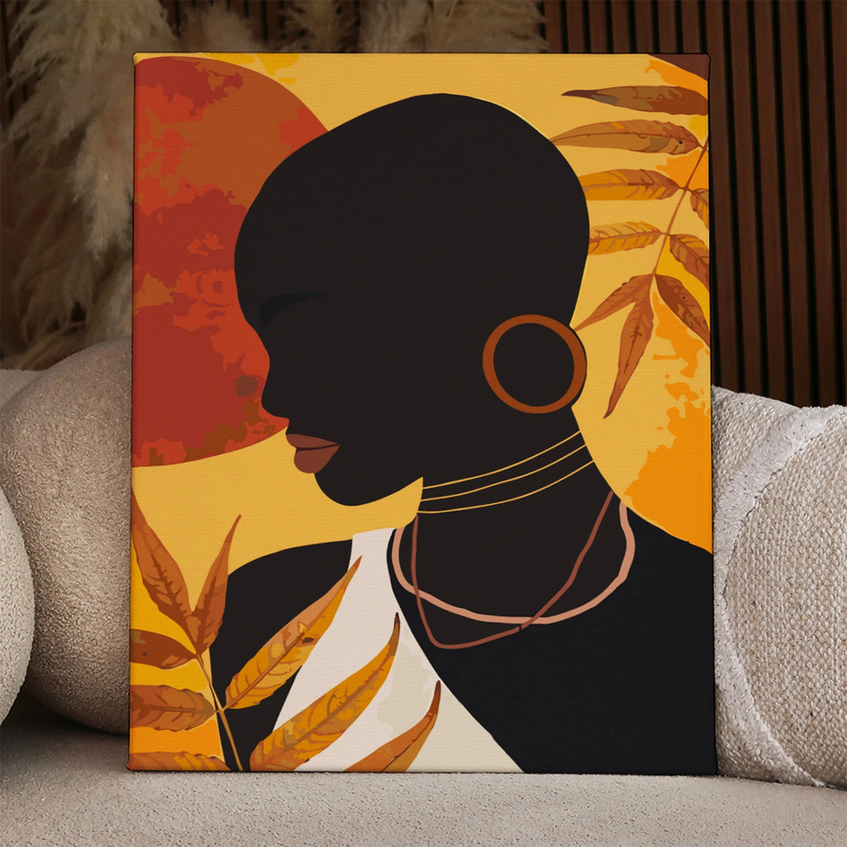 Minimalist portrait of a woman with bold jewelry and warm tones