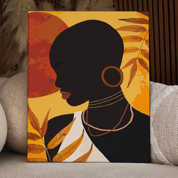 Minimalist portrait of a woman with bold jewelry and warm tones