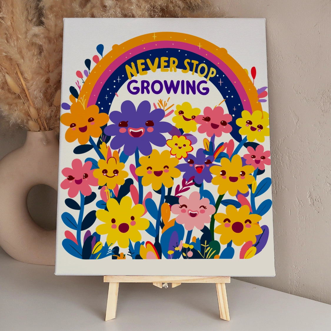 Colorful painting of smiling flowers under a rainbow with "Never Stop Growing" text