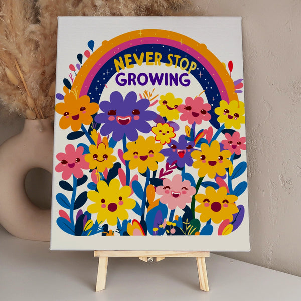 Colorful painting of smiling flowers under a rainbow with "Never Stop Growing" text
