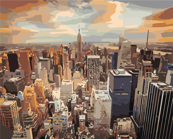 Abstract cityscape painting of New York skyline at sunset