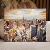 Abstract cityscape painting of New York skyline at sunset
