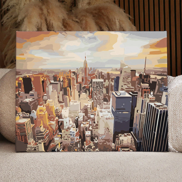 Abstract cityscape painting of New York skyline at sunset