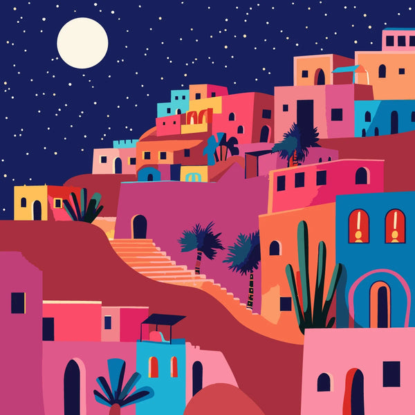 Colorful hillside town under starry night sky with full moon