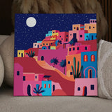 Colorful hillside town under starry night sky with full moon