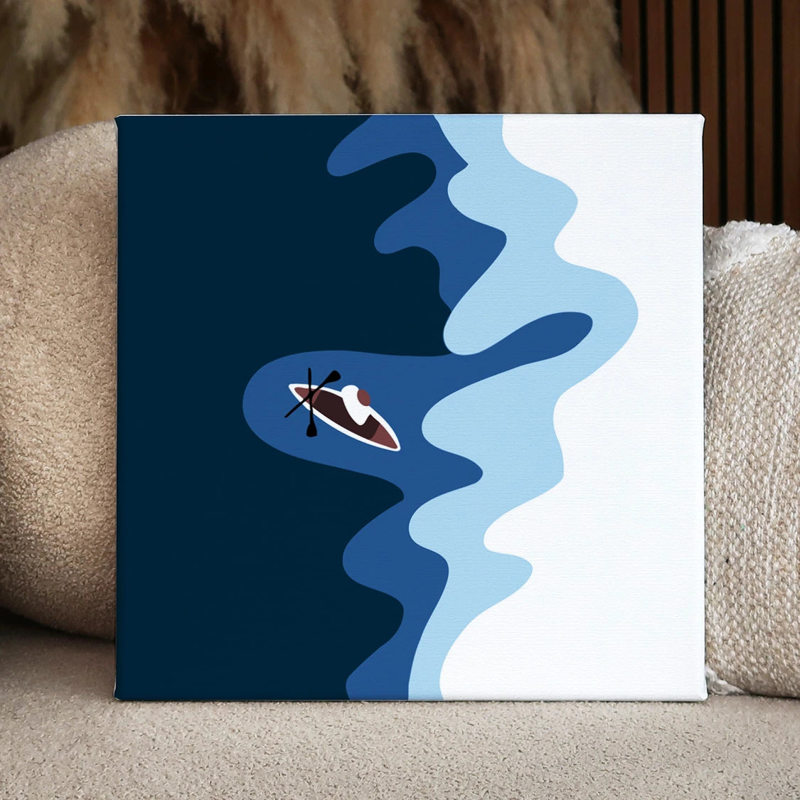Minimalist painting of a lone kayaker paddling through abstract waters