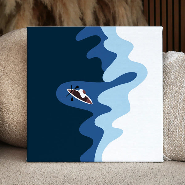 Minimalist painting of a lone kayaker paddling through abstract waters