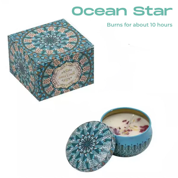 Ocean Star scented candle in a teal mandala tin with gift box – 10-hour burn time