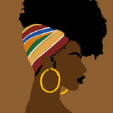 Stylized portrait of a woman with afro hair and headscarf