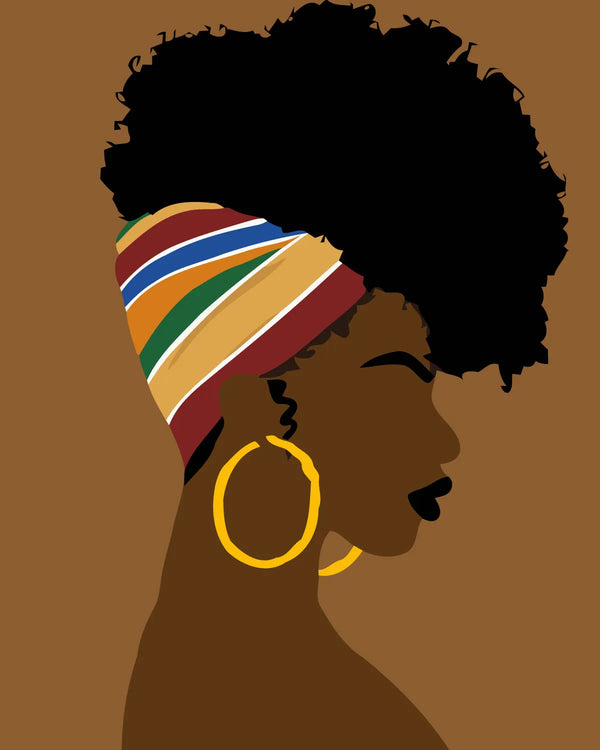 Stylized portrait of a woman with afro hair and headscarf
