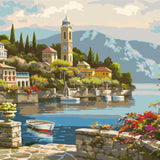 Painting of a picturesque lakeside village with boats and mountains