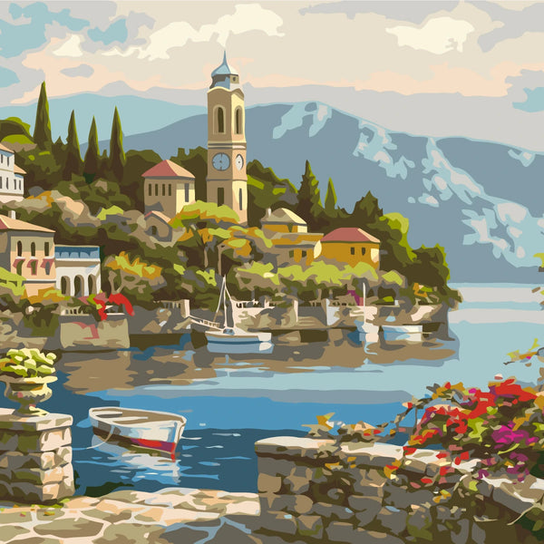 Painting of a picturesque lakeside village with boats and mountains