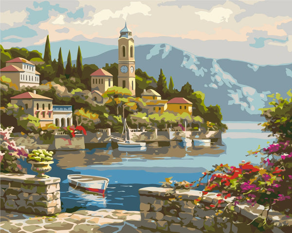 Painting of a picturesque lakeside village with boats and mountains