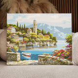 Painting of a picturesque lakeside village with boats and mountains