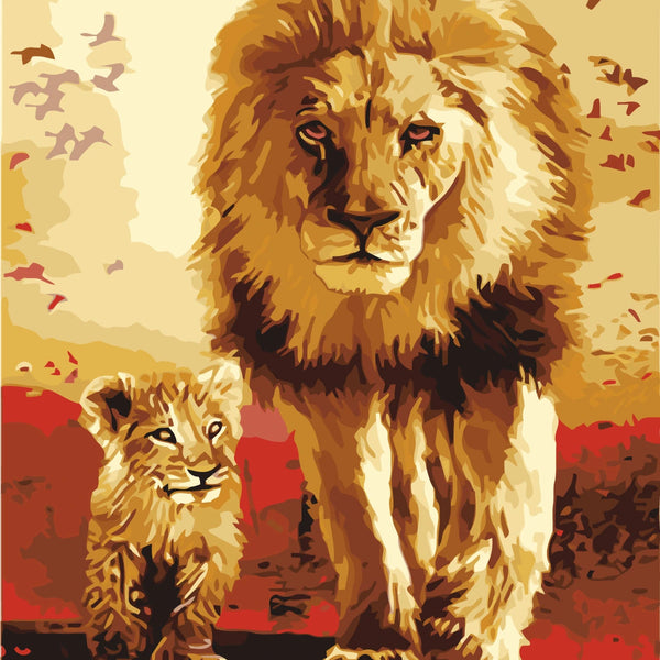 Painting of a majestic lion and cub walking in the savanna