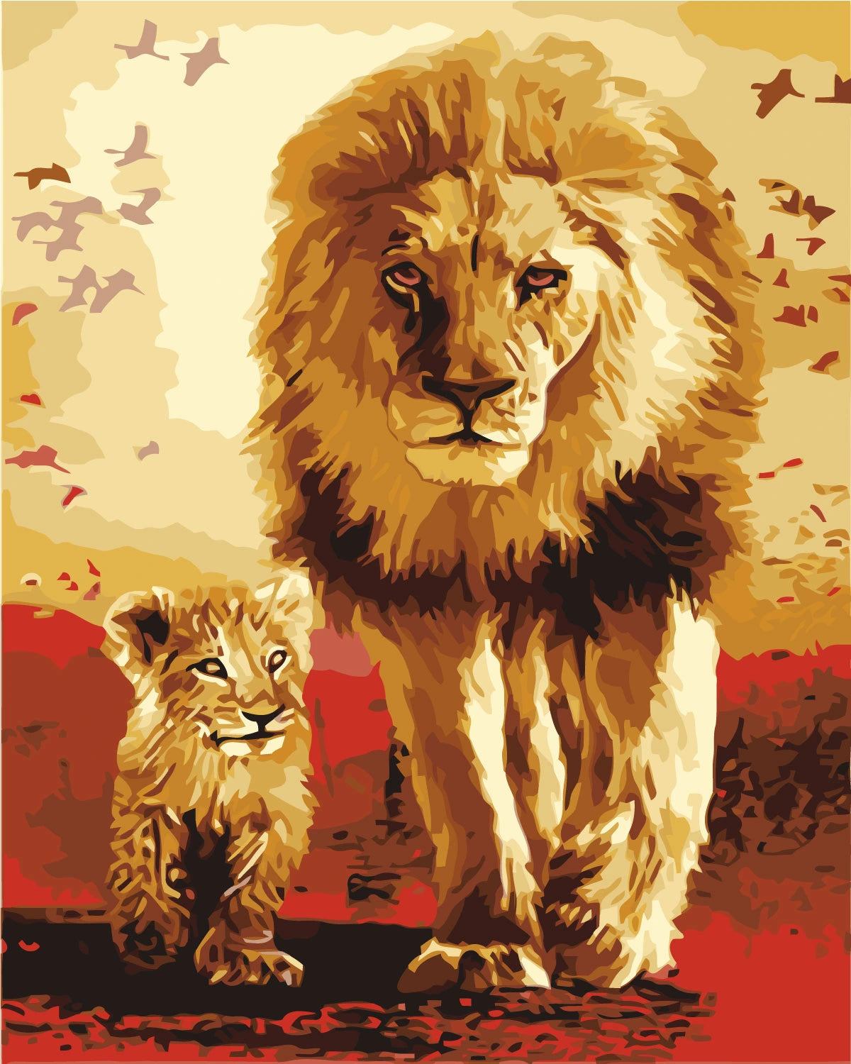 Painting of a majestic lion and cub walking in the savanna