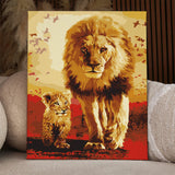 Painting of a majestic lion and cub walking in the savanna