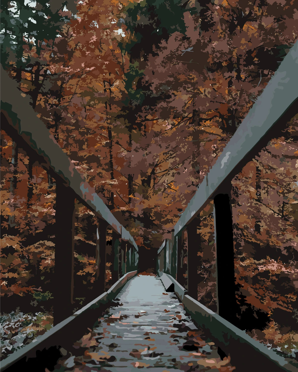 Painting of a wooden bridge surrounded by autumn trees and leaves
