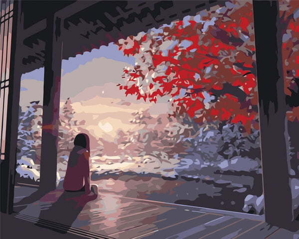 Painting of a woman sitting on a porch admiring winter scenery