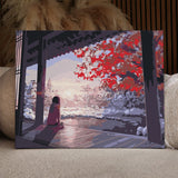 Painting of a woman sitting on a porch admiring winter scenery