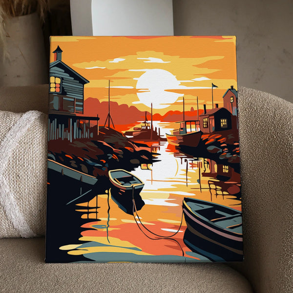 Sunset harbor scene with boats cottages and warm glowing reflections