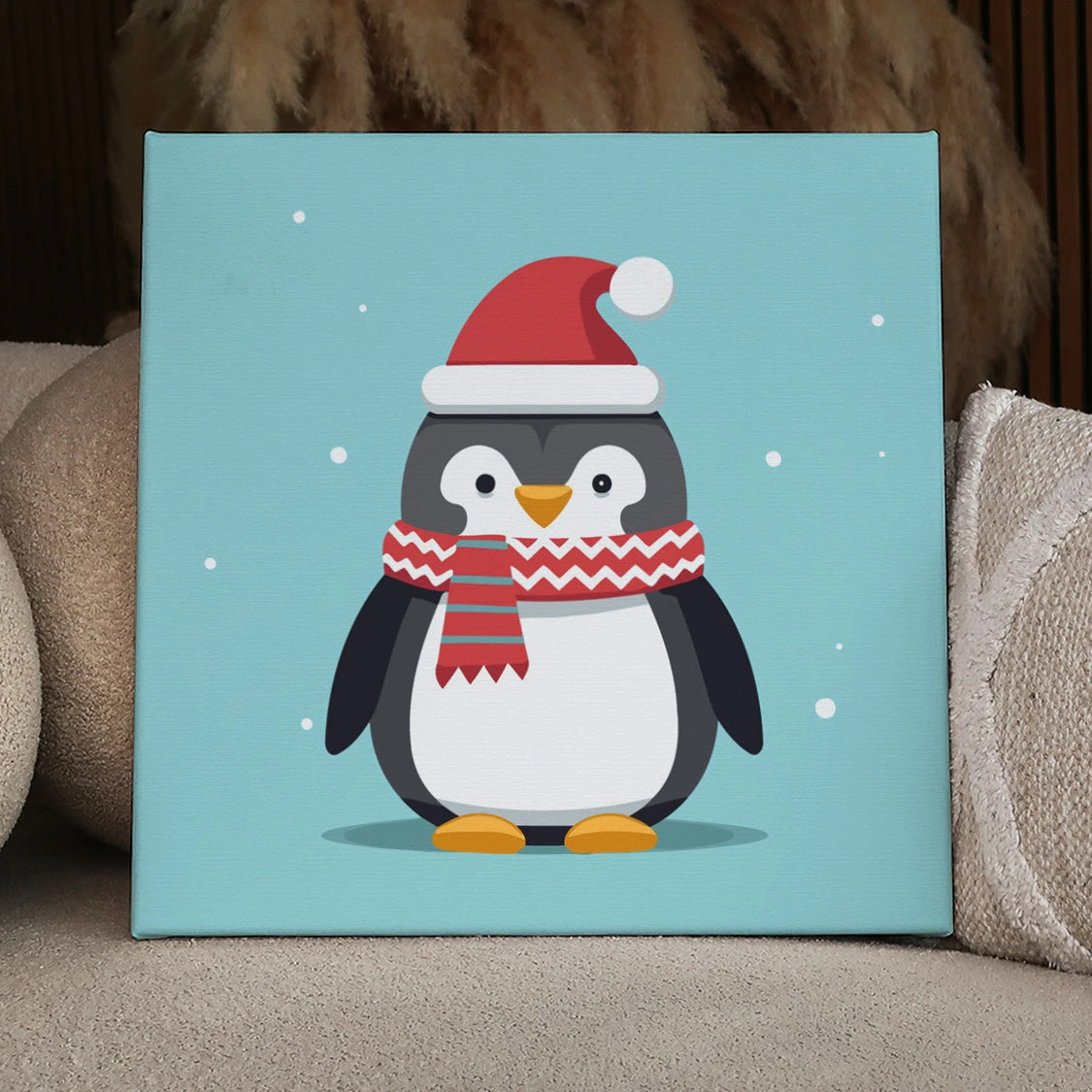 Cute penguin wearing Santa hat and scarf in snowy background