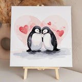 Two loving penguins with hearts in a romantic winter scene