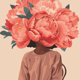 Elegant portrait of a woman with blooming coral peony head