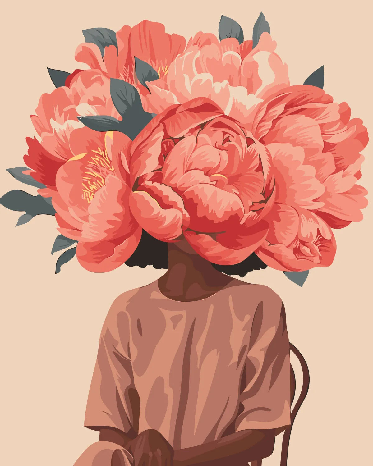 Elegant portrait of a woman with blooming coral peony head