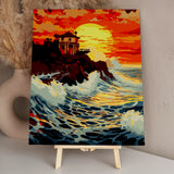 Dramatic ocean waves crashing against cliffs at sunset with house