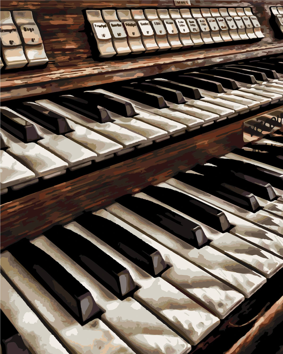 Painting of vintage organ keys and stops in warm tones