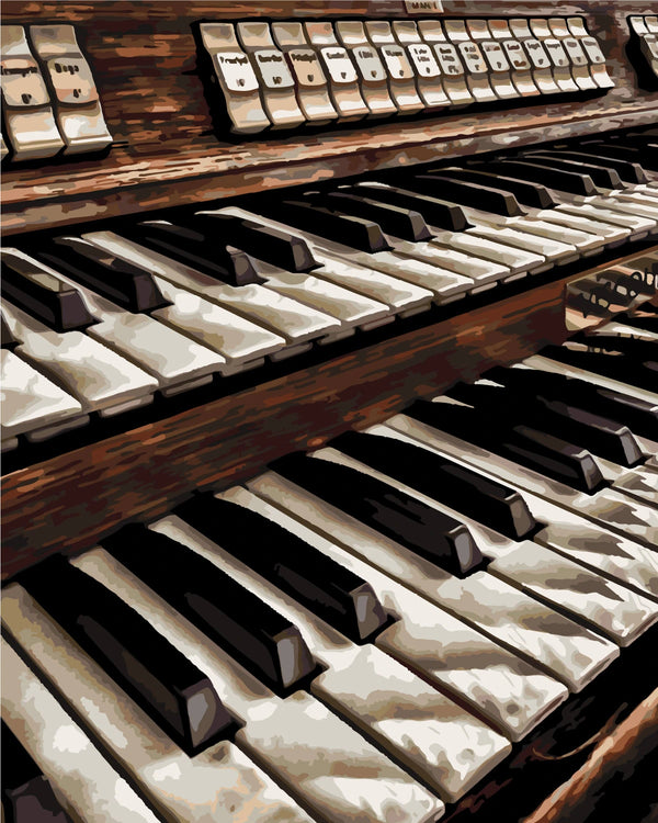 Painting of vintage organ keys and stops in warm tones